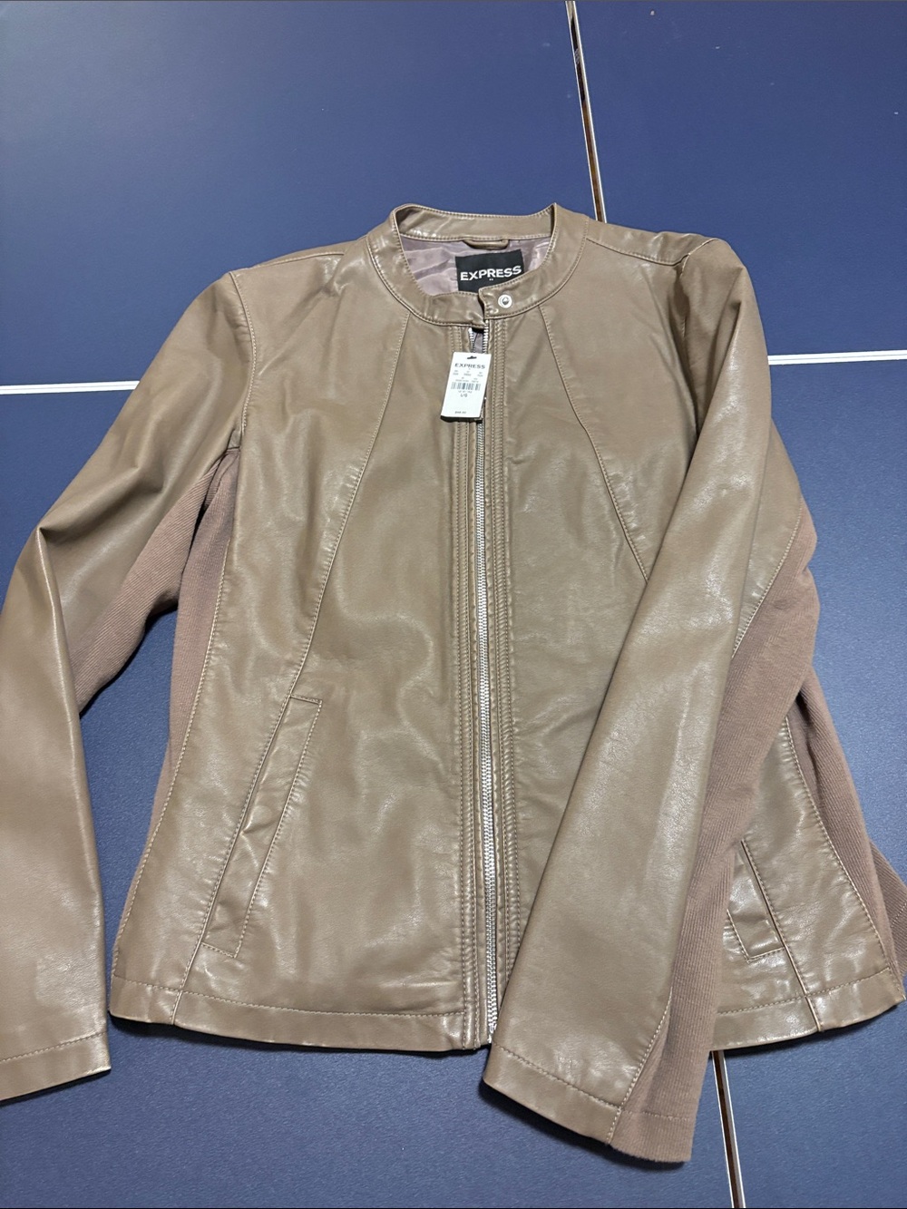 Express Taupe Faux Leather Jacket with Knit Side Panels